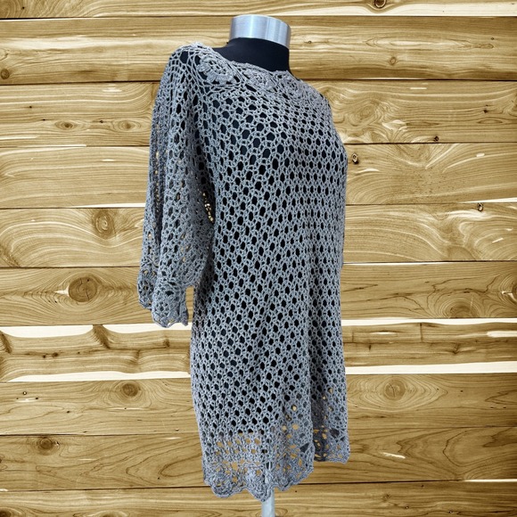 Crochet Cover Up Tunic Top Knit Pullover Sweater Dress Gray size Medium/Large - Picture 2 of 7